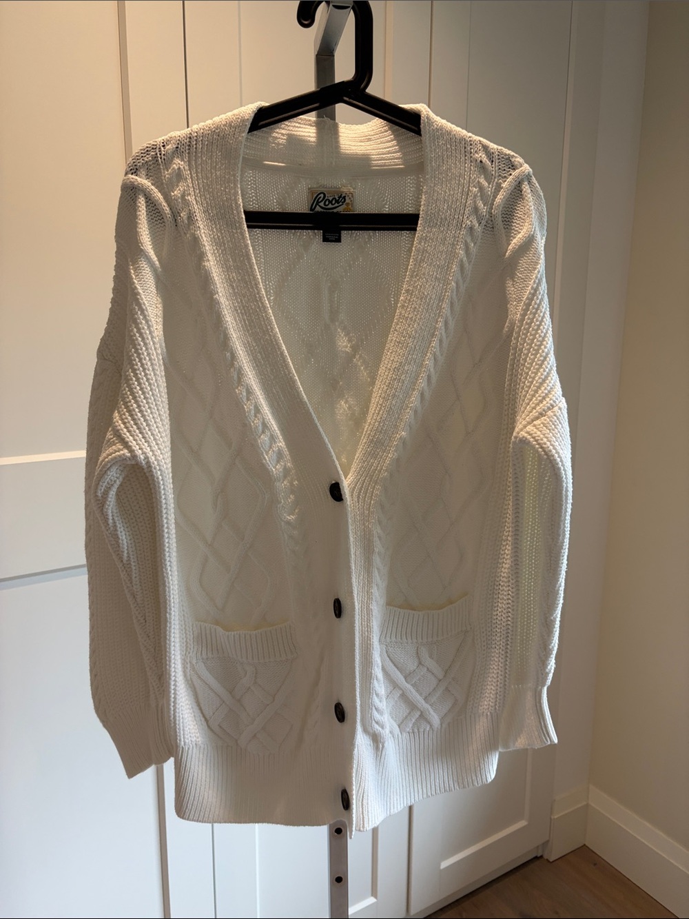 Roots 100% Organic Cotton White Cable-Knit V-Neck Cardigan